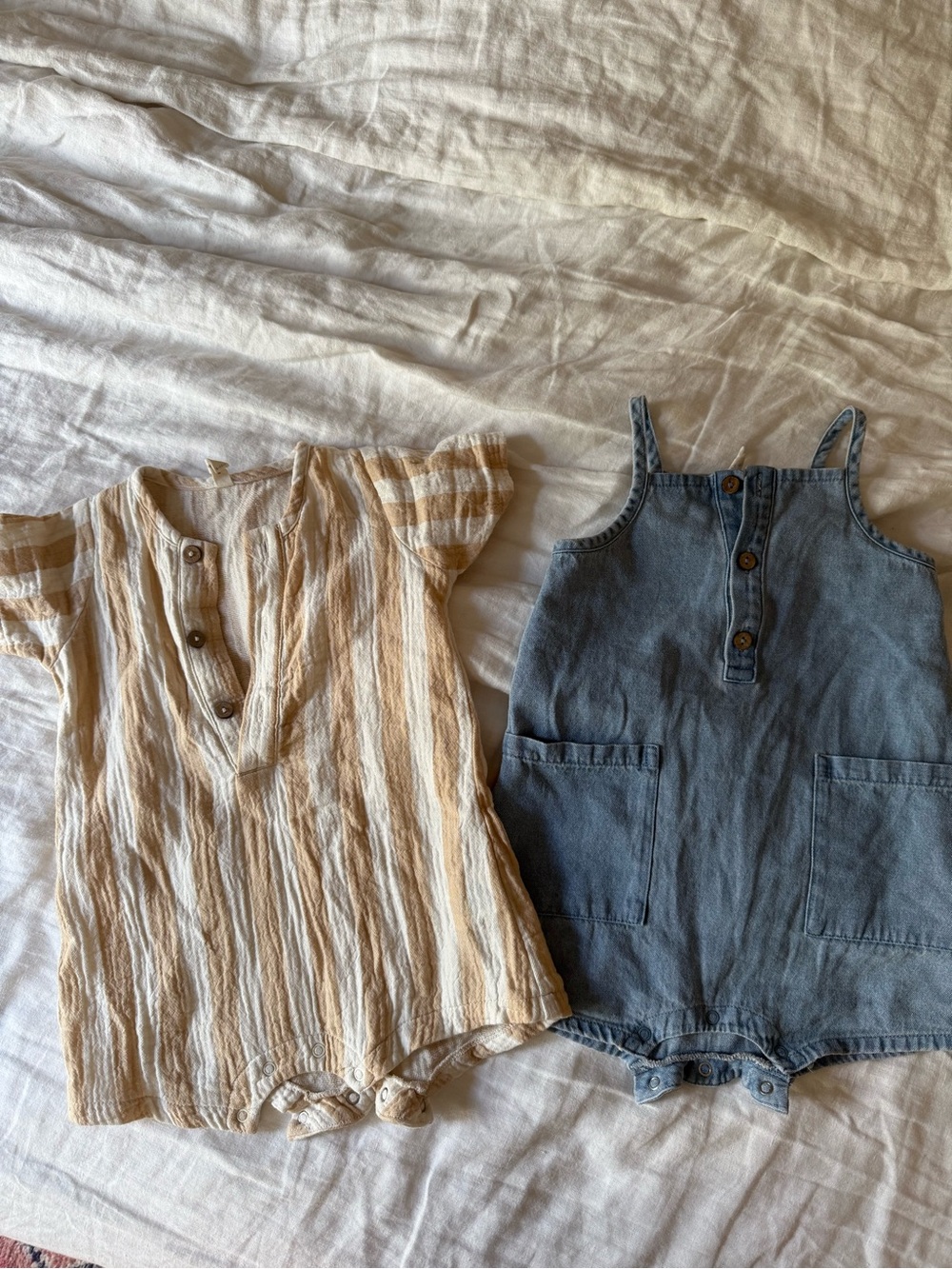 Quincy Mae Cream & Denim Romper Set